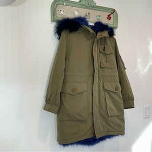 Moussy Green Jacket with Blue Fur Trim Size Small